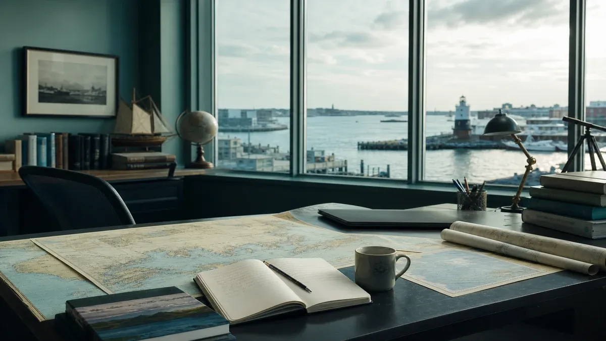 Maritime education editorial research scene with coastal lighthouse